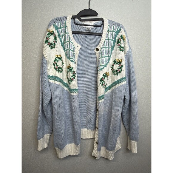 Vintage Baxter Wells Embroidered Wreath Christmas Cardigan Large Cottagecore - Picture 1 of 4